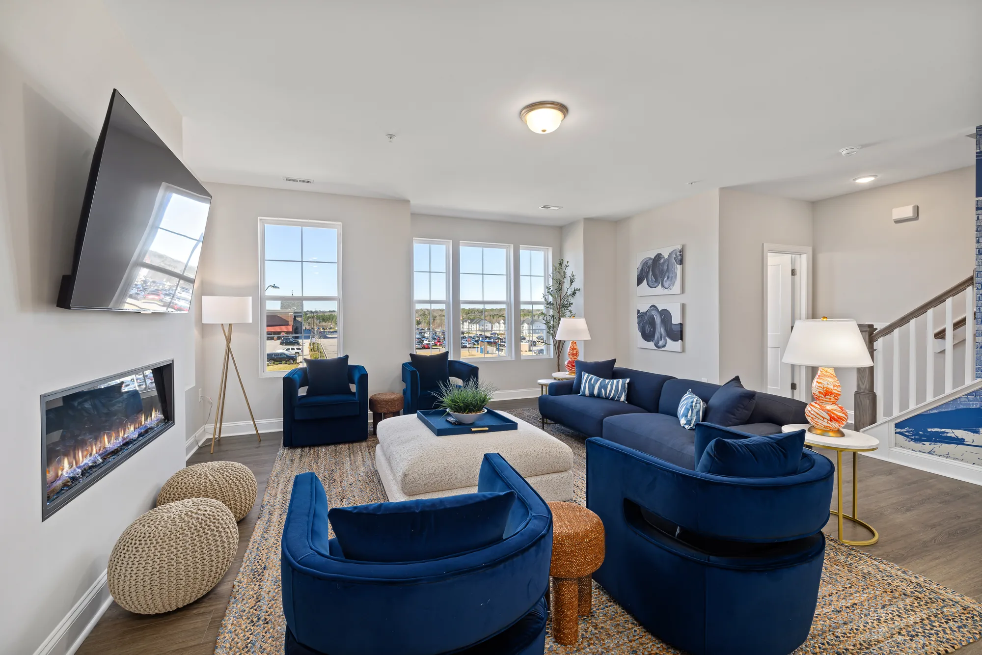 Living room seen from the stair side with the fireplace wall at the left